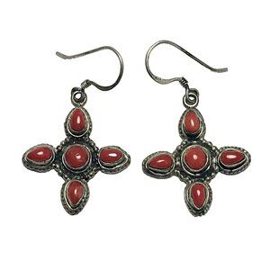 Vintage Sterling Silver & Red Coral Earrings Hooks Dangle Native American 925